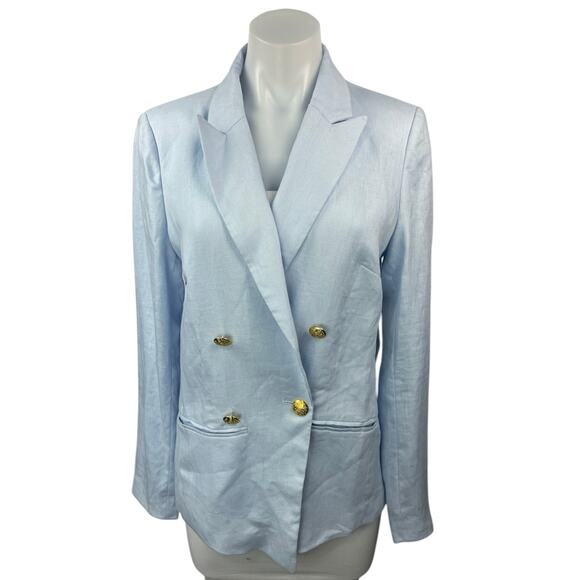 NEW Central Park West Blue Frankie Linen Double Breasted Blazer Coat Jacket Sz M - Picture 1 of 5